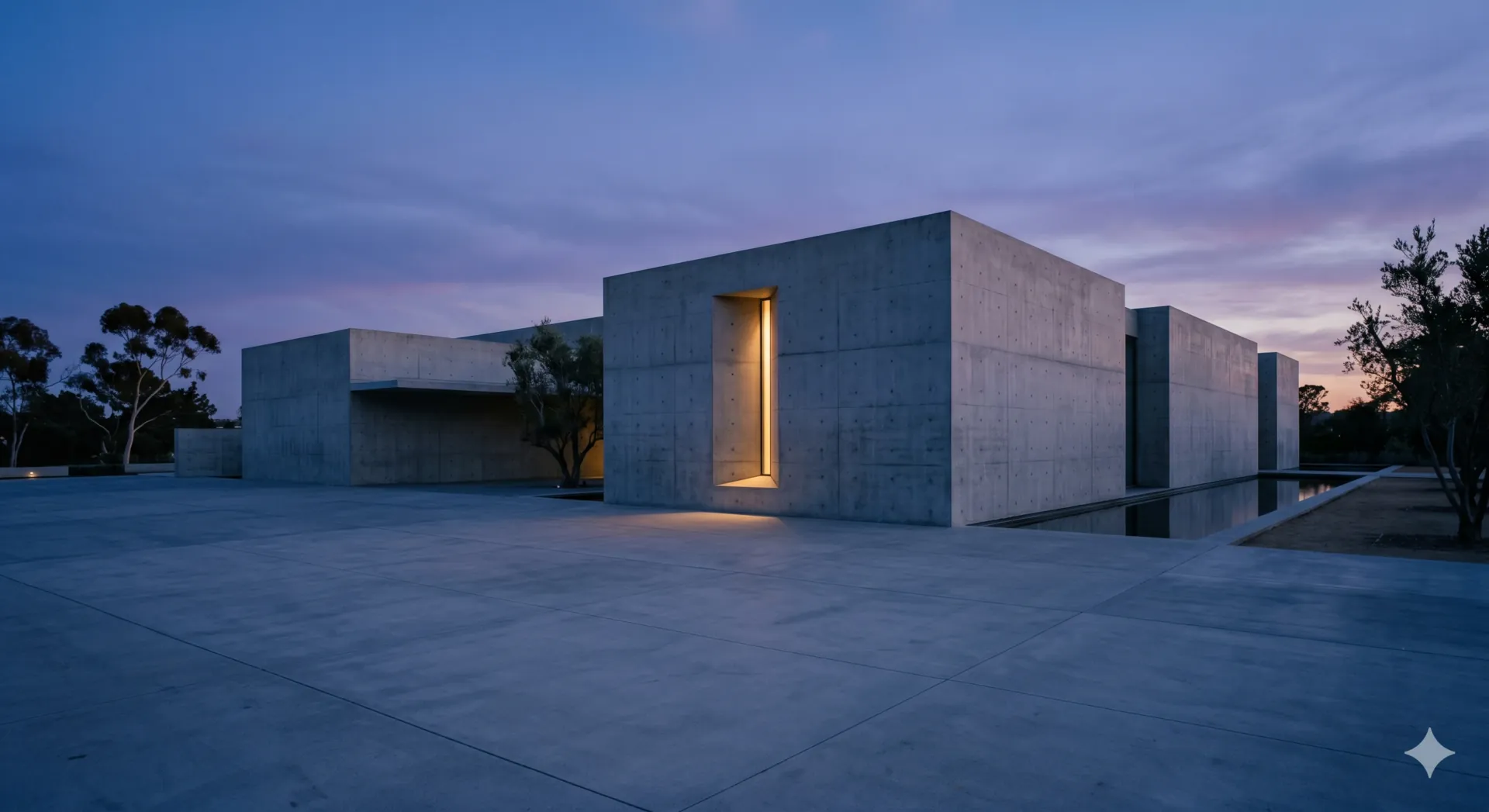 Modernist concrete chapel photographed at dusk