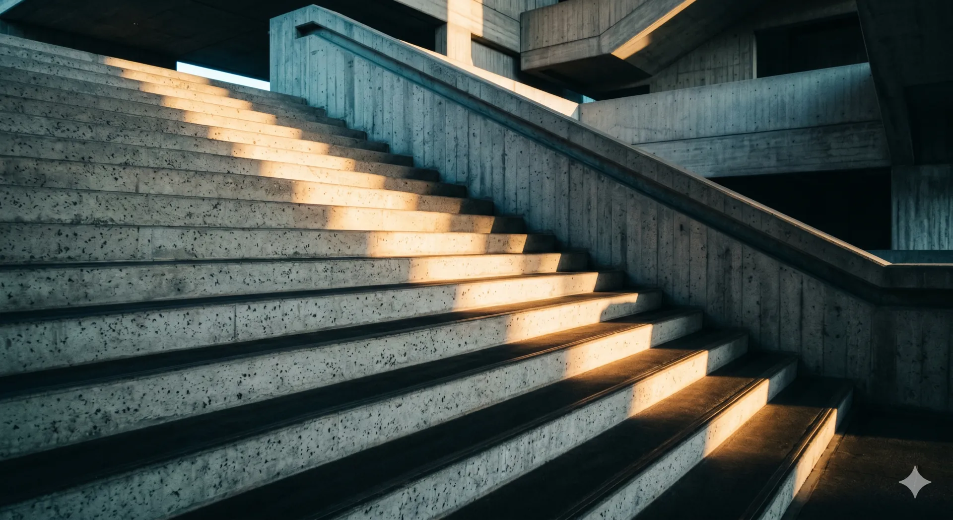 Brutalist concrete staircase in raking side light