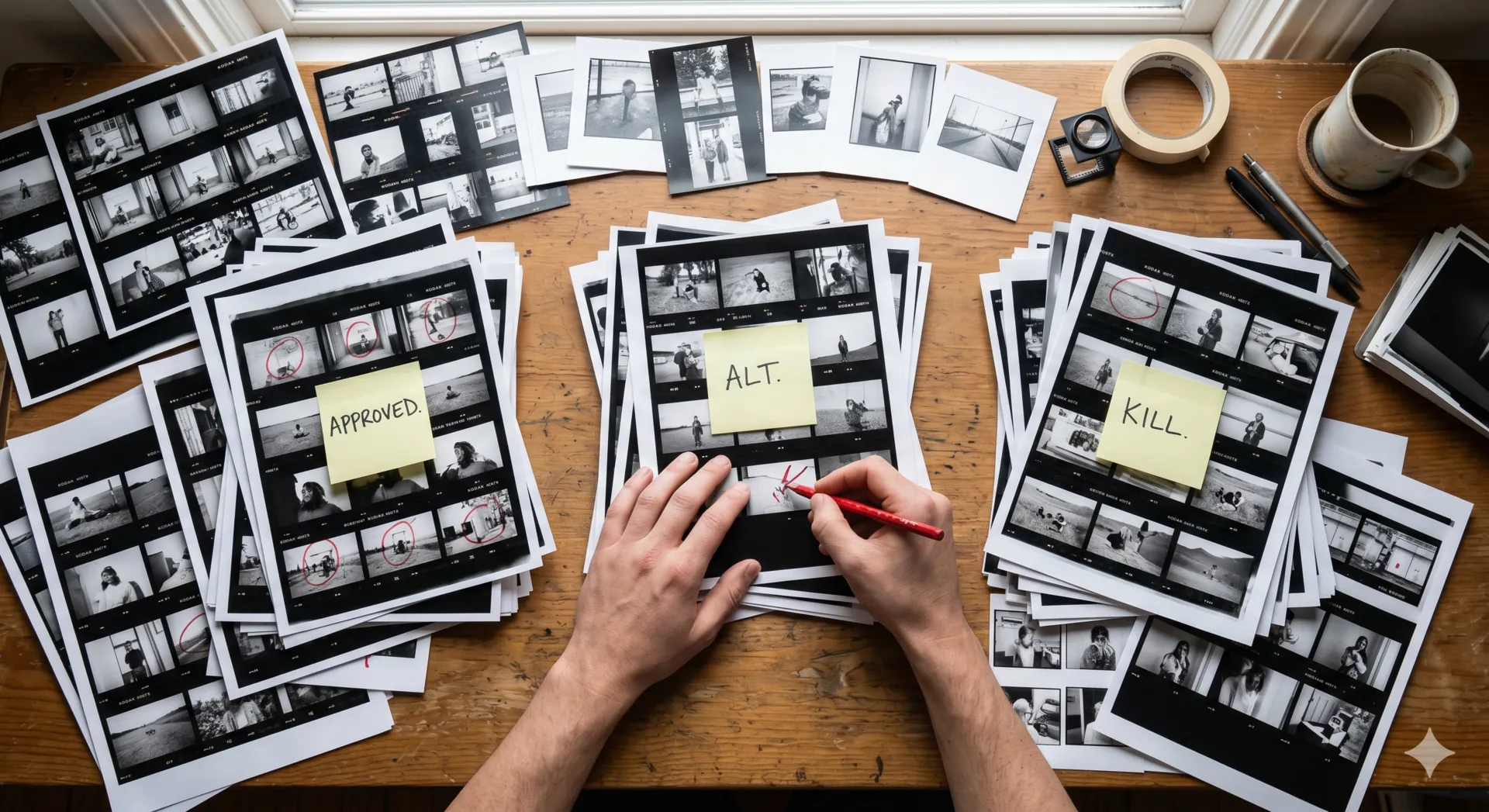 Hands editing printed contact sheets on a wooden table, marking frames with a red pencil and sticky notes reading APPROVED, ALT, and KILL.