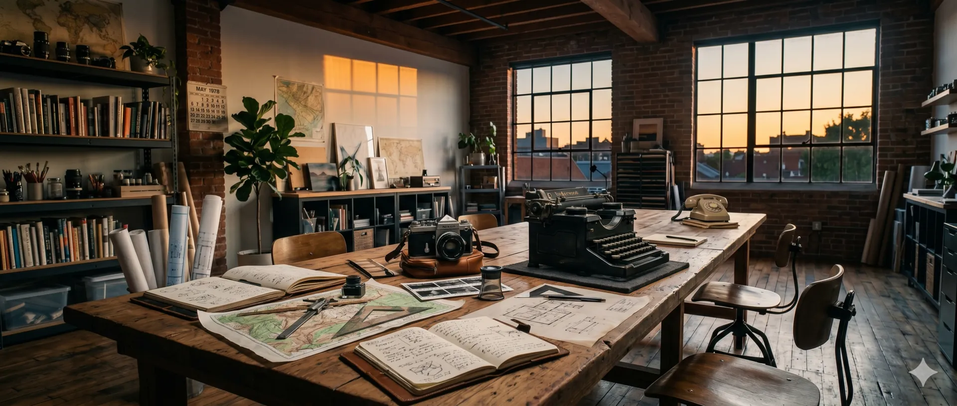 A working studio at dusk — camera, typewriter and maps across a long table.