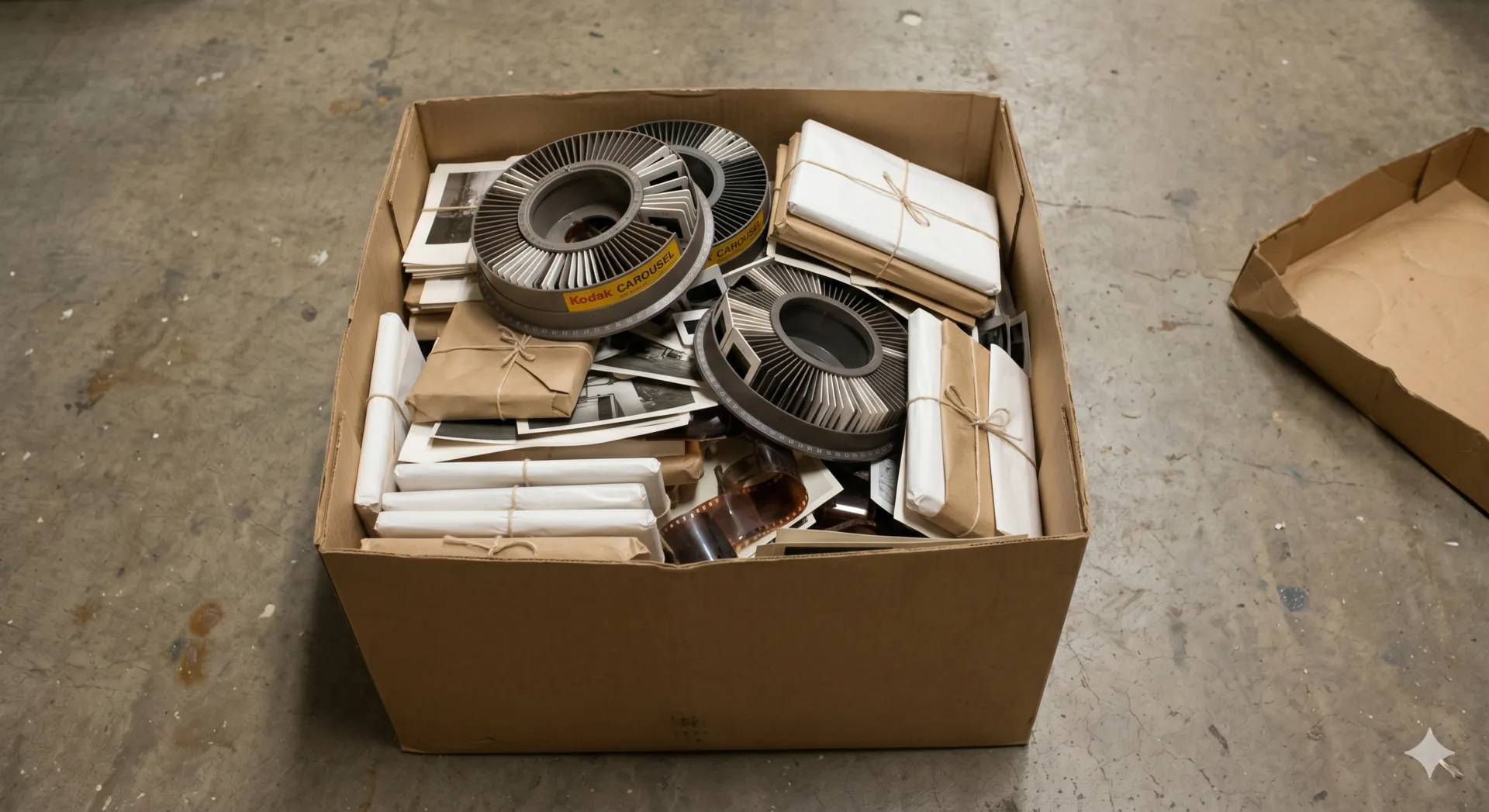 Archive box of film reels and slides