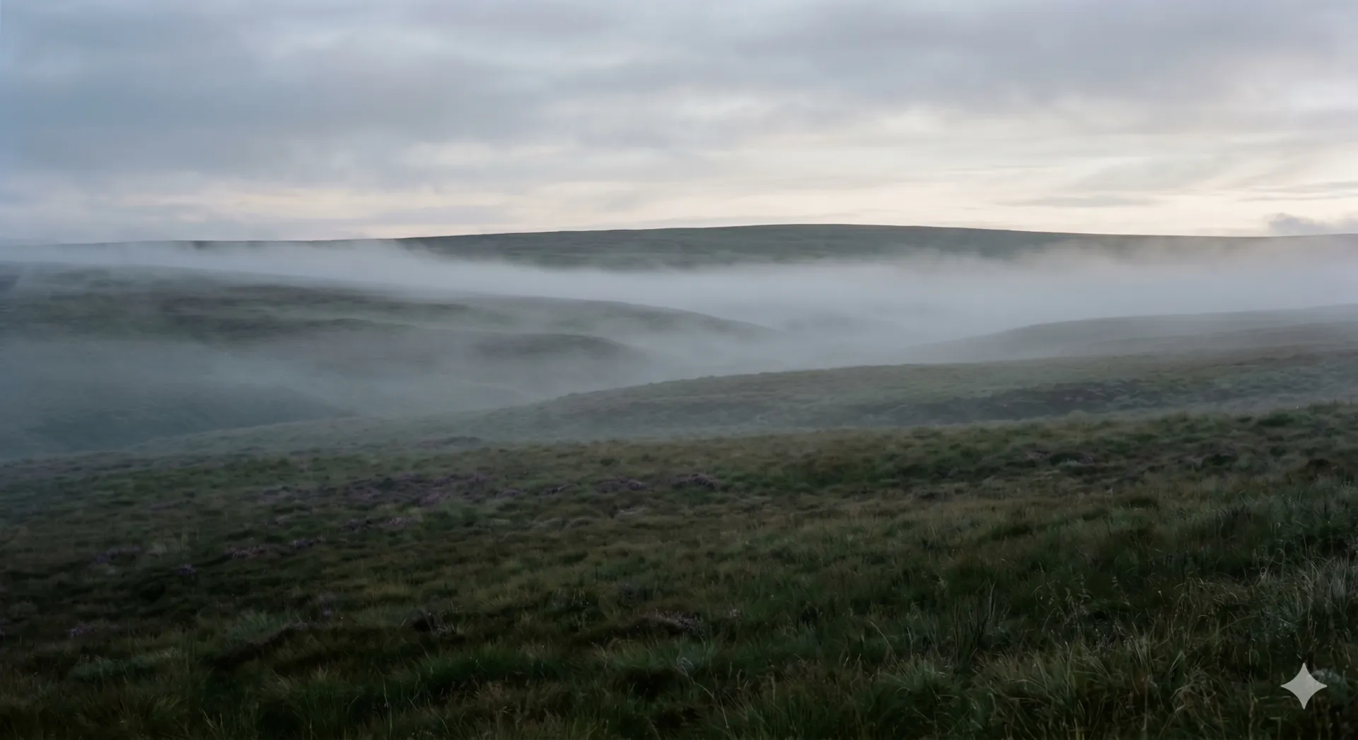 Layered highland hills fading into fog at first light
