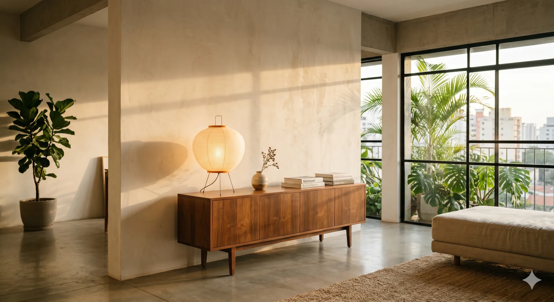Mid-century modern living room in warm golden-hour light