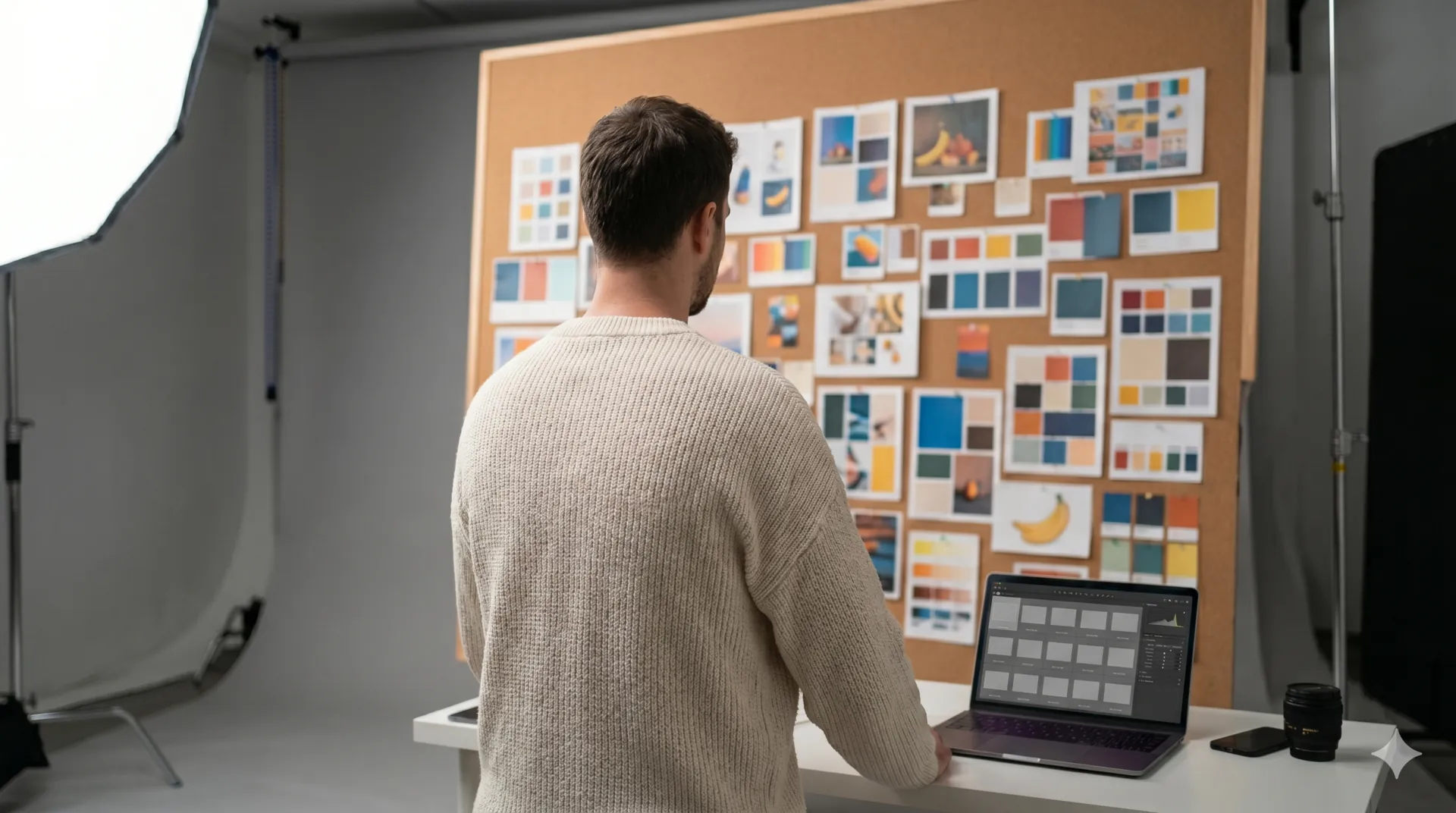 Studio moodboard wall pinned with reference imagery