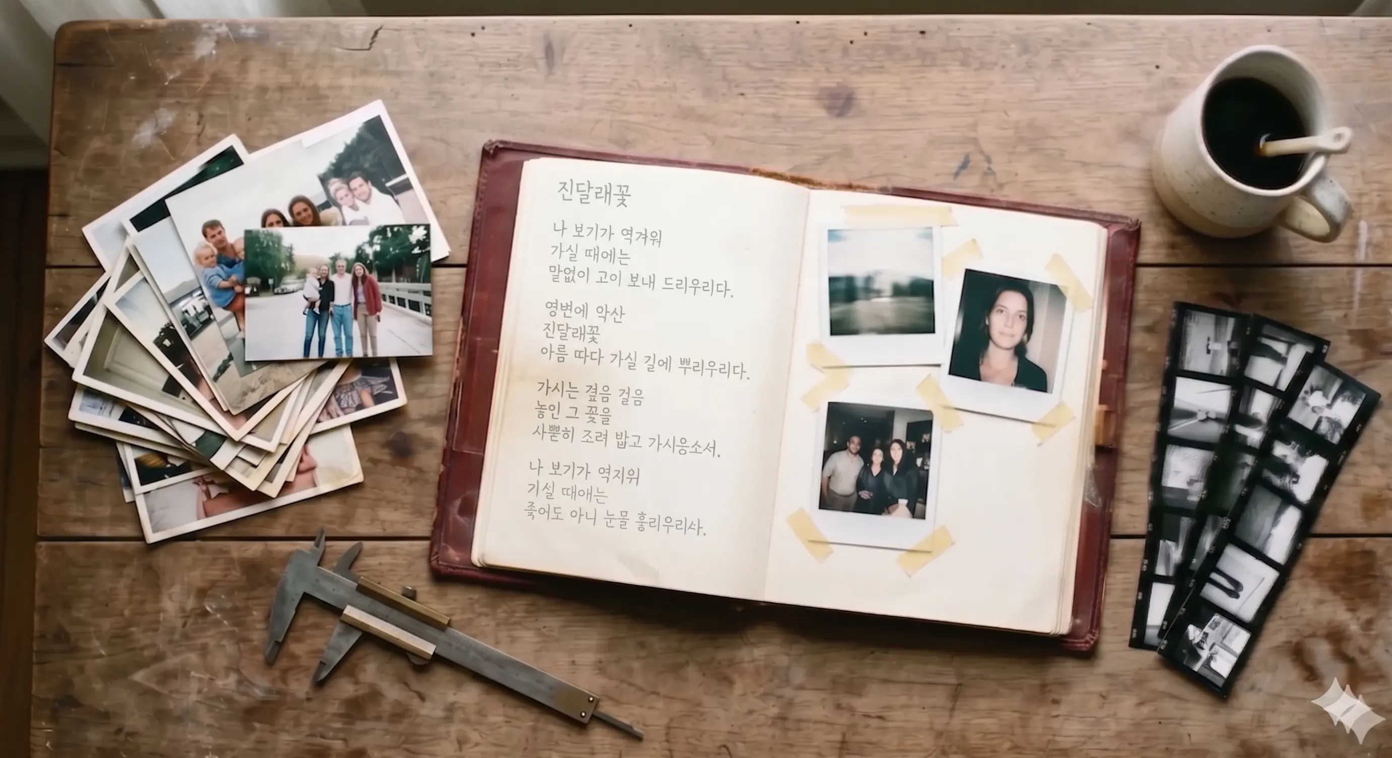Worn leather photo album open on a wooden desk, road-trip snapshots and handwritten marginalia across the pages