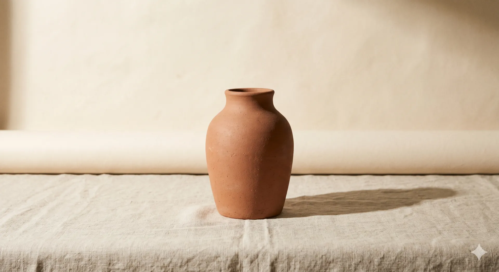 Terracotta ceramic vase on linen, soft daylight still life