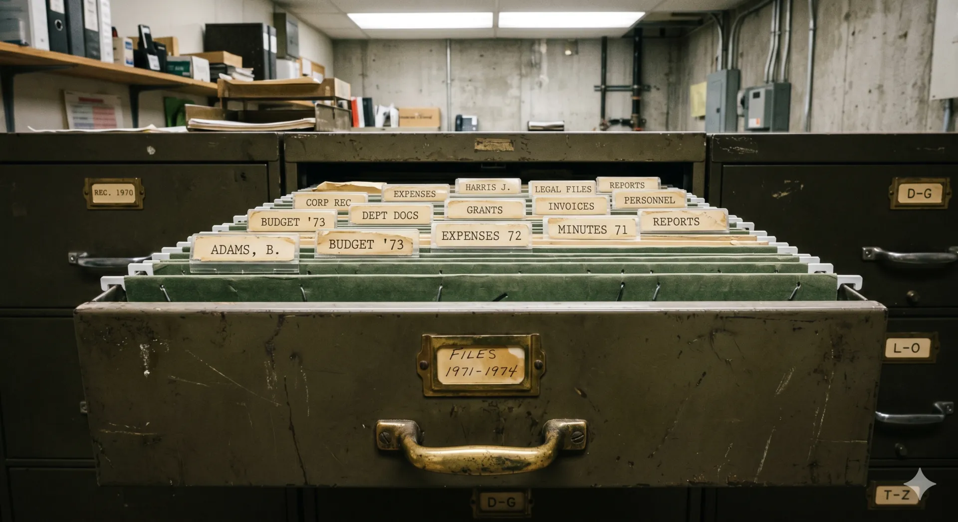 An open metal filing cabinet drawer packed with hand-labelled hanging folders: BUDGET '73, EXPENSES, LEGAL FILES, PERSONNEL.