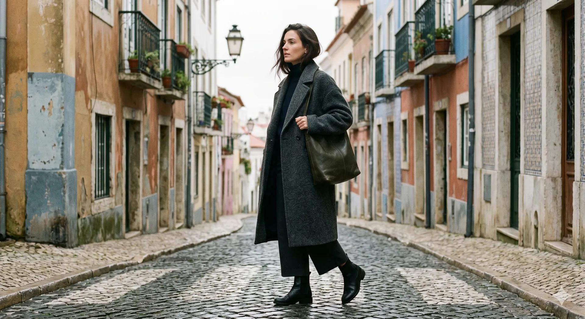 Editorial portrait of a woman on a Lisbon cobblestone side street